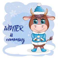 Cow on skates flat vector animal, lovely cow skating, brown cow making winter sport