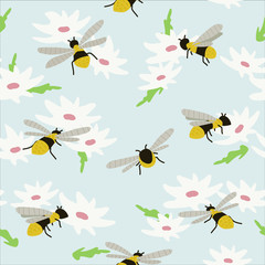 Seamless pattern with wasps and flowers. Hand drawn bee fly. Cute yellow wasp on white. Spring insect background. Sweet summer floral texture for wallpaper, fabric, print. Cartoon vector illustration.