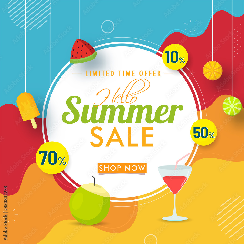 Canvas Prints Hello Summer Sale Poster Design with Different Discount Offer on Colorful Abstract Background.