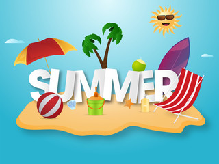 Paper Cut Summer Text with Cartoon Funny Sun and Beach Elements on Abstract Sand and Blue Background.