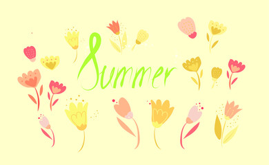 Floral background with yellow and pink flowers in Summer. Flower buds in a flat style.