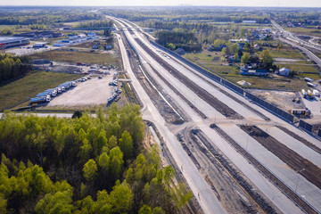 Aerial view of building site of Autostrada A2 highway in Stary Konik village near Warsaw city, Poland