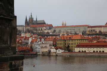 Scenic winter autumn aerial view of the Old Town pier architecture from Charles Bridge over Vltava...