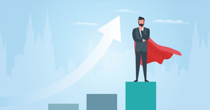 Businessman with a red cloak. Business growth. A man in a suit ponders an idea. The concept of a successful entrepreneur. Vector.