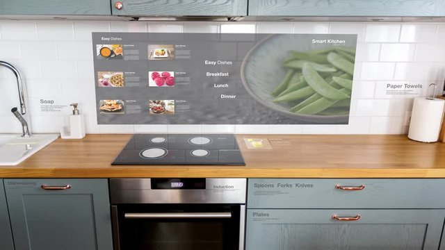 technology, future and smart home concept - modern kitchen with virtual interactive displays