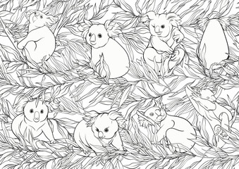 Koala bear seamless pattern. Outline hand drawing vector illustration.