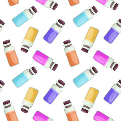 Vector illustration of a seamless pattern with small glass bottles in cartoon style. Multi-colored bottles with wooden corks with oil or medicine. For packaging or wrapping paper