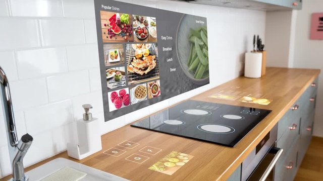 technology, future and smart home concept - modern kitchen with virtual interactive displays