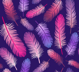 Pattern with multicolored feathers on a purple background. Suitable for curtains, wallpaper, fabrics, wrapping paper. © Avilika