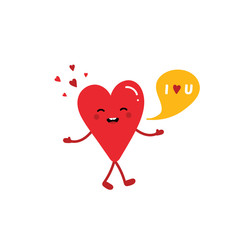 Cute cartoon style vector heart character with speech bubble, talking, saying i love you. Valentines Day character.
