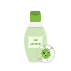 Cartoon vector illustration with liquid hand sanitizer gel helping to fight against bacterias, viruses.
