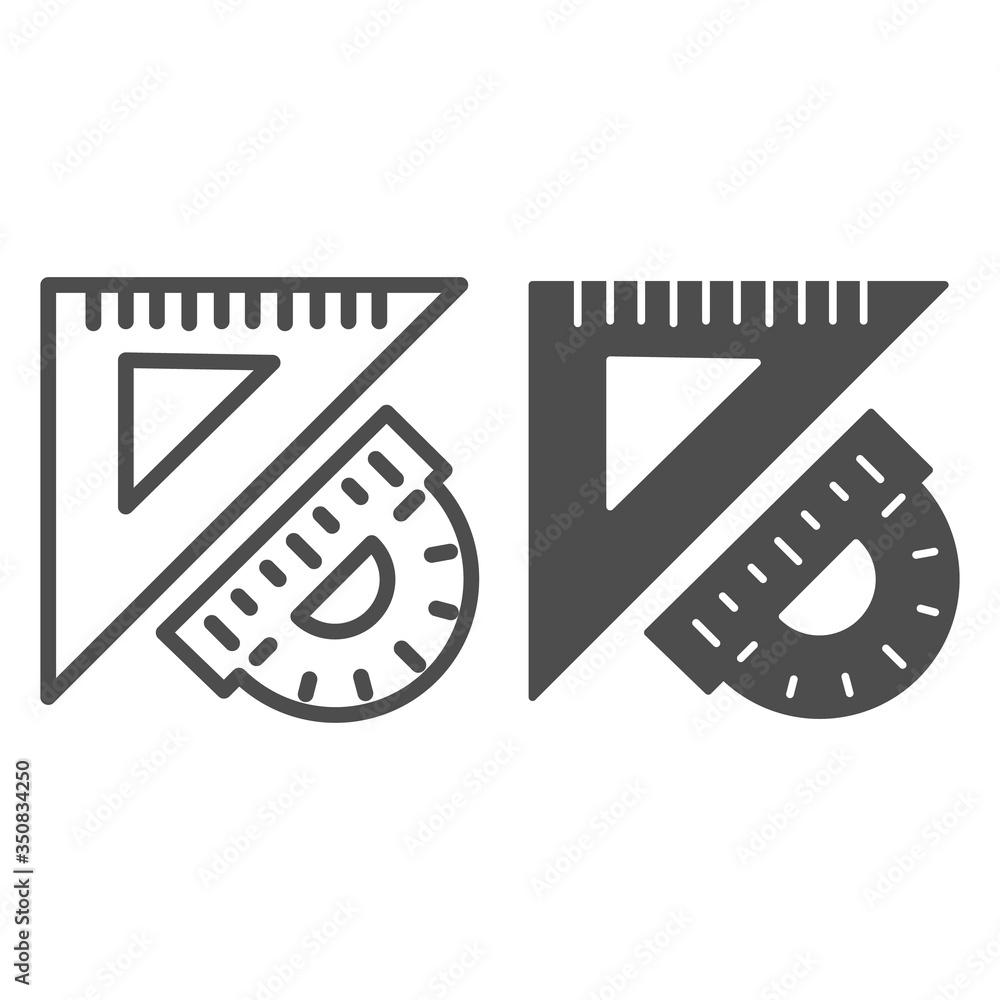 Poster triangular ruler and protractor line and solid icon, stationery concept, measuring and drawing tools