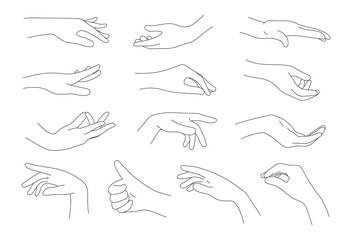 Collection of hands and fingers vector illustration. Line of hand gestures. Logo and graphic design arms on white background.
