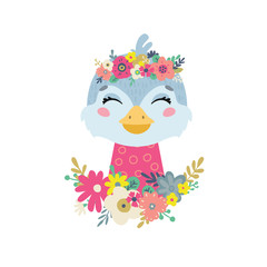 Bird Illustrations with flowers. Vector child decoration. Background illustration for kids.