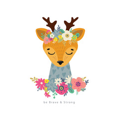 Deer Illustrations with flowers. Vector child decoration. Background illustration for kids.