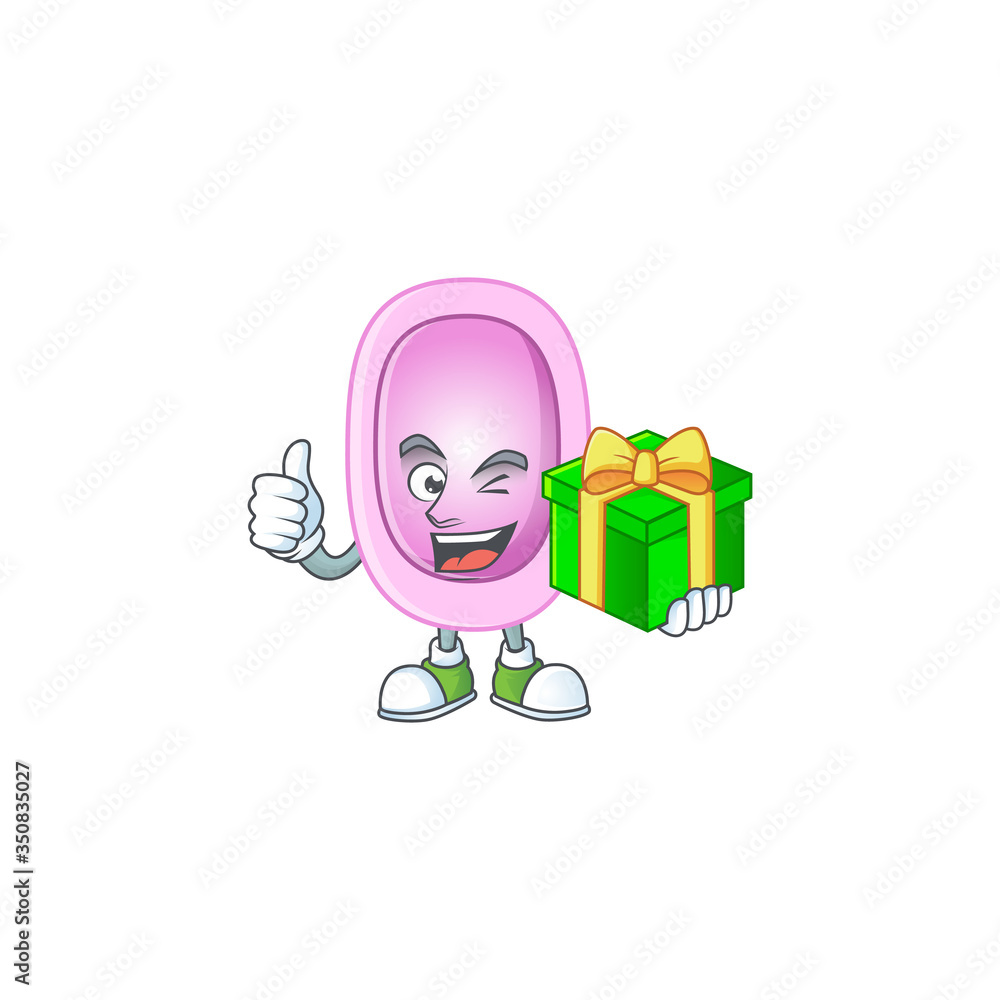 Poster Happy smiley pertussis cartoon mascot design with a gift box