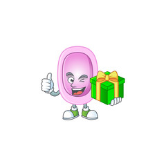 Happy smiley pertussis cartoon mascot design with a gift box