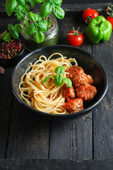 pasta spaghetti meatballs and tomato sauce Menu concept healthy eating. food background top view copy space