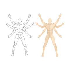 Sketch drawing human with six hands. Multitasking concept hand drawing vector illustration. Part of set.