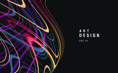 Dark background with colorful laser glow neon waves forming sphere, chaotic movement artistick element, wallpaper cover design