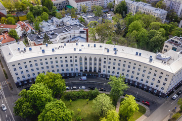 Drone view of Praski Hospital building in Warsaw, capital city of Poland