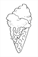 Isolated ice cream in waffle cone with two spoons . Vector hand drawn illustration in doodle style. Black and white. Can use for menu, greeting card, websites, product design.