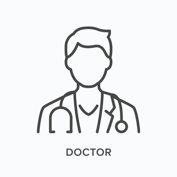 Doctor Flat Line Icon. Vector Outline Illustration Of Male Physician In Coat With Stethoscope. Medic Specialist Avatar, Thin Linear Medical Pictogram