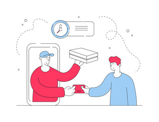 Man paying for food delivery online. Flat line vector illustration