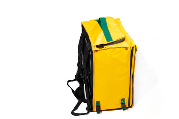 Thermal yellow bag isolated on white studio background with copyspace for advertising. Safe for food transportation and delivery service. Couriers equipment, mobility with refrigerator.