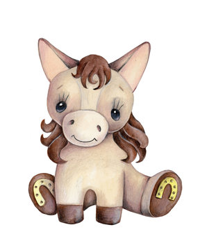 Cute cartoon pony horse sitting, pretty toy animal. Isolated on white. Watercolor hand drawn illustration.