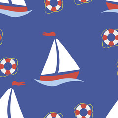 Seamless pattern with sailboats and lifebuoys. Vector illustration on a blue background.