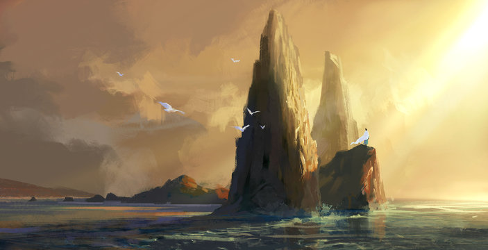People in white clothes stand on the rock by the sea at dusk, looking into the distance, digital painting.