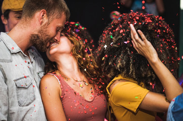 Young friends dancing at home private party - Happy people having fun listening music at night - Alternative fest during Coronavirus time - Focus on man's beard