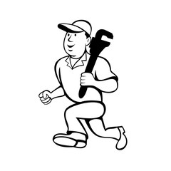 Plumber Holding Monkey Wrench Running Cartoon Black and White