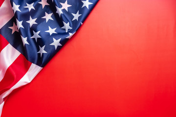 vintage American flag isolated on red background with copy space for text. flag america background banner for independence day or holiday celebration. USA flag - obrazy, fototapety, plakaty