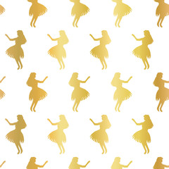 Hula dancers gold foil seamless vector pattern. Faux metallic golden background with silhouettes of Hawaiian women dancing traditional Hula. Elegant Hawaii pattern for exclusive decor, party invites