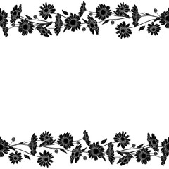 Fototapeta premium Black and white floral frame with black silhouette flowers chamomile and leaves on white background.Copy space. Hand drawn. Vector stock illustration