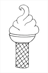 Isolated ice cream in waffle cone. Vector hand drawn illustration in doodle style. Black and white. Can use for menu, greeting card, websites, product design.