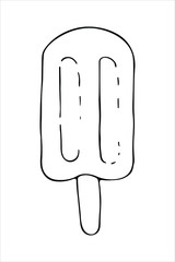 Isolated ice cream with stick  in oval elongated shape on white background. Vector hand drawn illustration in doodle style. Black and white. Can use for menu, greeting card, websites, product design.