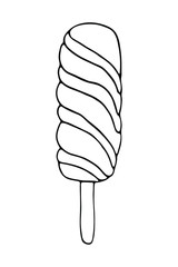 Isolated spiral ice cream with stick in oval elongated shape. Vector hand drawn illustration in doodle style. Black and white. Can use for menu, greeting card, websites, product design.
