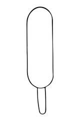 Isolated ice cream with stick in oval elongated shape on white background. Vector hand drawn illustration in doodle style. Black and white. Can use for menu, greeting card, websites, product design.