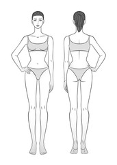 Tall girl in underwear front and back. The arm is bent and lies on the belt. Model for measuring shape. Black and white.