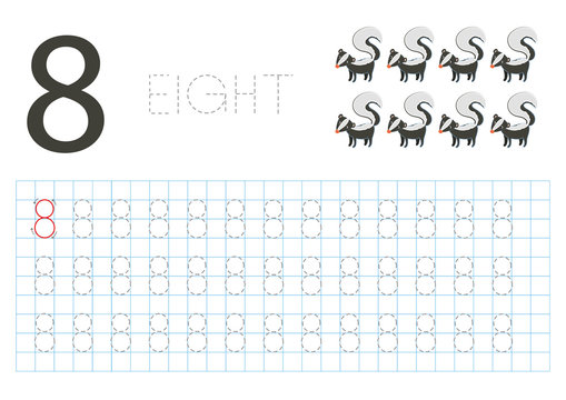 Number Eight, Pregrafism on numbers, Card for Learning to Write Children's Numbers. 
