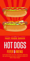 Hot dog menu flyer design template. Template flyer for fast food. Illustration hot dogs with abstract text for future design.