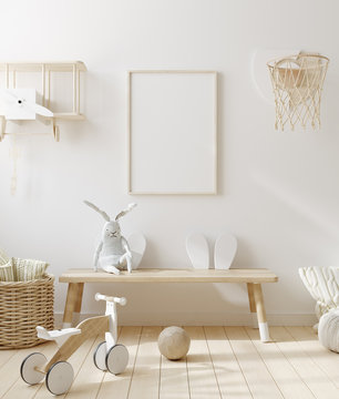 Mock up frame in children room with natural wooden furniture, Scandinavian style interior background, 3D render