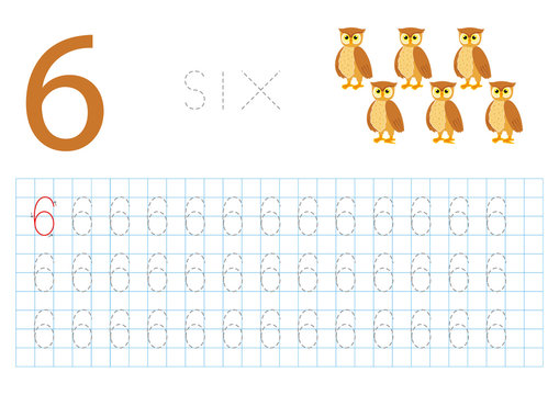 Number Six, Pregrafism on numbers, Card for Learning to Write Children's Numbers. 