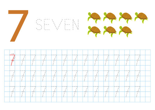 Number Seven, Pregrafism on numbers, Card for Learning to Write Children's Numbers. 