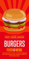 Burger menu flyer design template. Template flyer for fast food. Illustration burger with abstract text for future design.