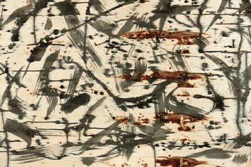 abstract grunge background, artistic painting with black paint on a light wooden background, abstract strokes and spots in a chaotic style