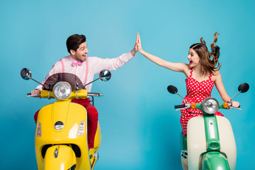 Photo of funky two people lady guy couple drive retro moped travelers traffic jam easy way clapping arms good job well-done formalwear vintage clothes isolated blue color background